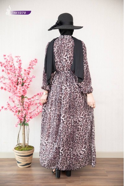 1370 Leopar Şifon Elbise - Gülkurusu  