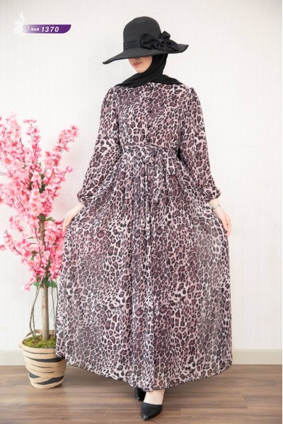 1370 Leopar Şifon Elbise - Gülkurusu  