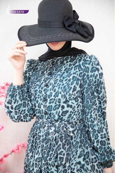 1370 Leopar Şifon Elbise - Mint  