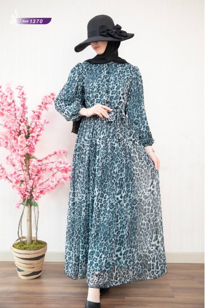 1370 Leopar Şifon Elbise - Mint  