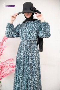 1370 Leopar Şifon Elbise - Mint 