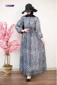 1370 Leopar Şifon Elbise - Gri