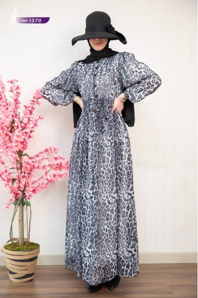 1370 Leopar Şifon Elbise - Gri 