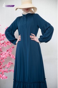 1389 Sade Düz Model Elbise - Lacivert 