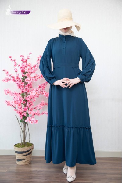 1389 Sade Düz Model Elbise - Lacivert 