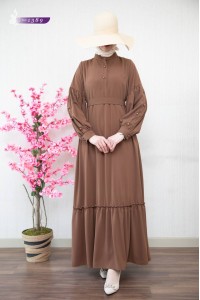 1389 Sade Düz Model Elbise - Açık Taba  
