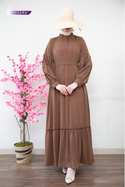 1389 Sade Düz Model Elbise - Açık Taba  