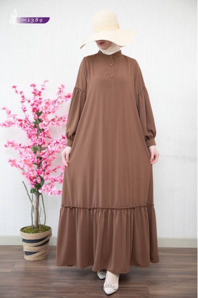1389 Sade Düz Model Elbise - Açık Taba  