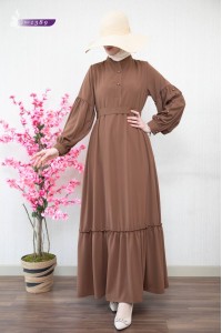 1389 Sade Düz Model Elbise - Açık Taba  