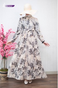 1405 Yaprak Desenli Elbise - Gri