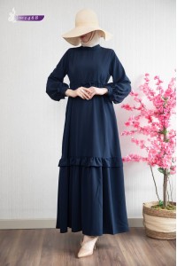 1468 Belden Büzgülü Elbise - Lacivert 