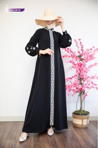 1470 İşleme Detaylı Ferace - Siyah  