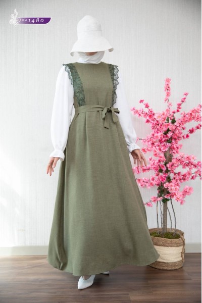 1480 Salopet Görünümlü Elbise - Haki  