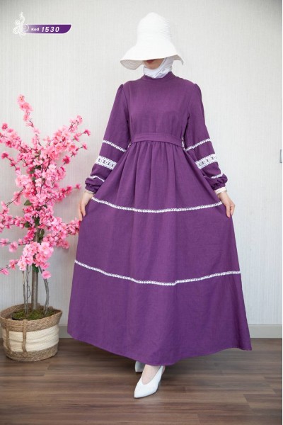 1530 Güpürlü Elbise - Mürdüm 