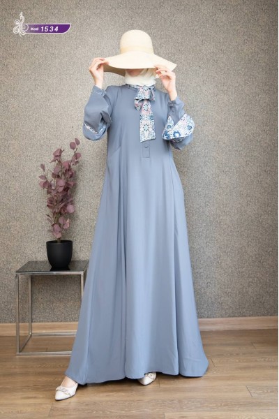 1534 Fular Detaylı Elbise - Gri  