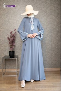 1534 Fular Detaylı Elbise - Gri 