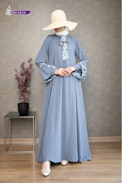 1534 Fular Detaylı Elbise - Gri  