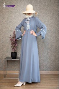 1534 Fular Detaylı Elbise - Gri 