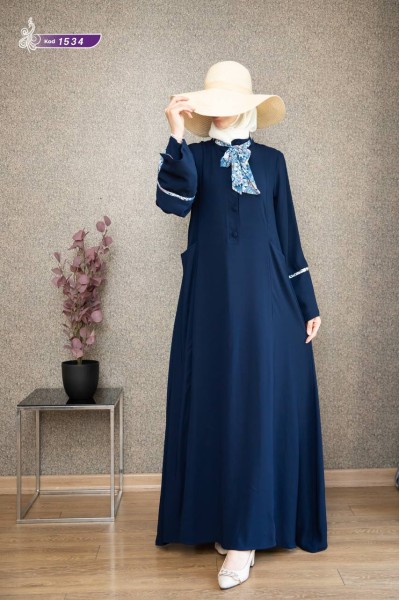 1534 Fular Detaylı Elbise - Lacivert  