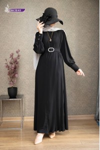 1545 Pilise Detaylı Elbise - Siyah 