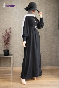1545 Pilise Detaylı Elbise - Siyah 