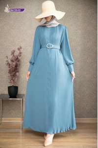 1545 Pilise Detaylı Elbise - Buz Mavisi  
