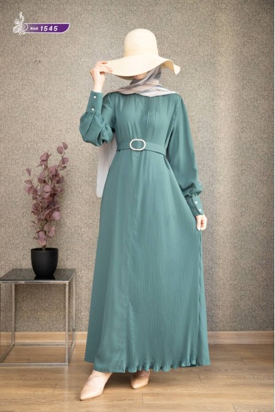 1545 Pilise Detaylı Elbise - Mint Yeşili  