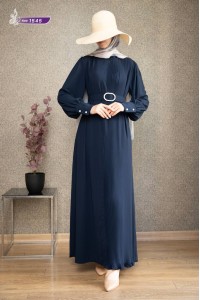 1545 Pilise Detaylı Elbise - Lacivert 