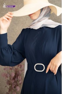 1545 Pilise Detaylı Elbise - Lacivert 
