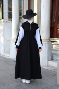 1565  Kapişon Detaylı Elbise - Siyah & Gri