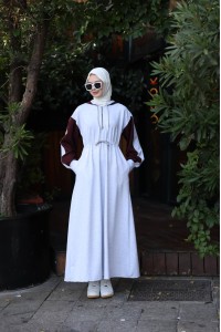 1565  Kapişon Detaylı Elbise - Bordo & Gri