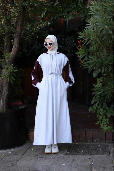 1565  Kapişon Detaylı Elbise - Bordo & Gri 
