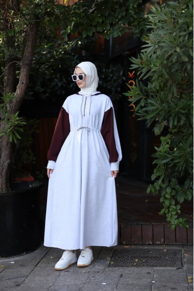 1565  Kapişon Detaylı Elbise - Bordo & Gri 