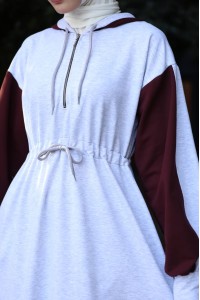 1565  Kapişon Detaylı Elbise - Bordo & Gri