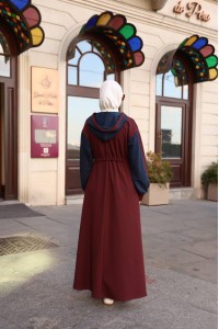 1565  Kapişon Detaylı Elbise - Lacivert & Bordo 