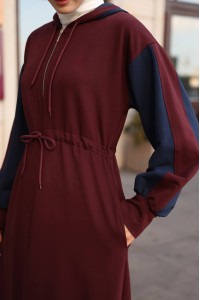 1565  Kapişon Detaylı Elbise - Lacivert & Bordo 