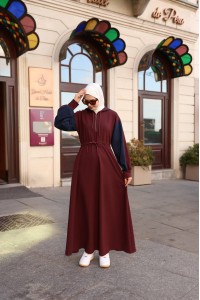 1565  Kapişon Detaylı Elbise - Lacivert & Bordo 