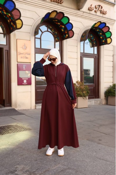 1565  Kapişon Detaylı Elbise - Lacivert & Bordo  