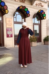 1565  Kapişon Detaylı Elbise - Lacivert & Bordo 