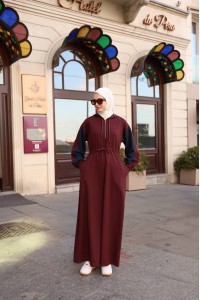 1565  Kapişon Detaylı Elbise - Lacivert & Bordo 