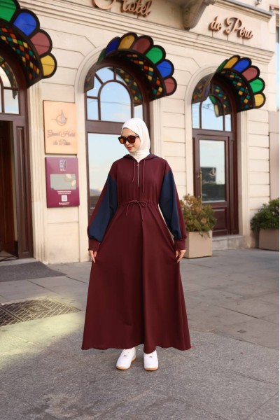 1565  Kapişon Detaylı Elbise - Lacivert & Bordo  