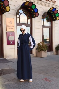 1565  Kapişon Detaylı Elbise - Lacivert & Gri