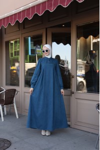 1569 Güpür Detaylı Elbise - Mavi 