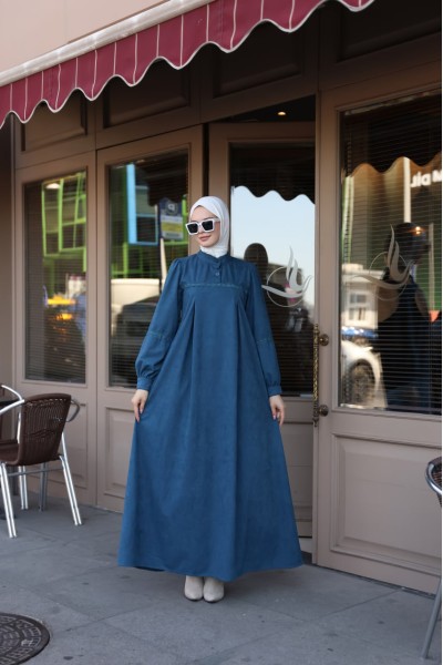  1569 Güpür Detaylı Elbise -  Mavi 