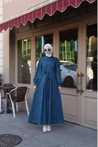 1569 Güpür Detaylı Elbise - Mavi 
