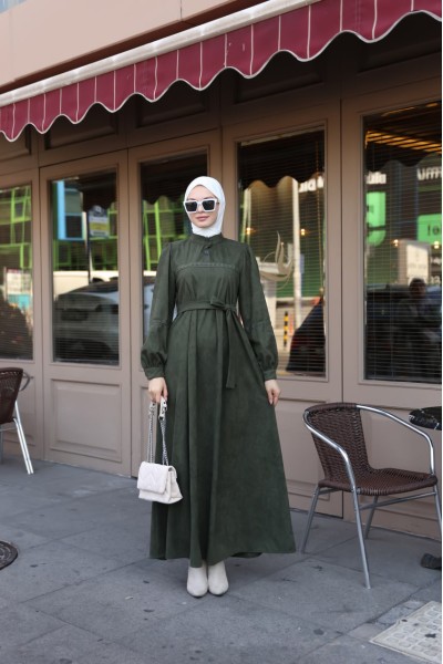  1569 Güpür Detaylı Elbise - Haki  