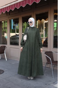 1569 Güpür Detaylı Elbise - Haki