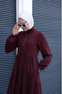 1573 Fermuar Detaylı Elbise - Bordo 