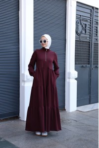 1573 Fermuar Detaylı Elbise - Bordo 
