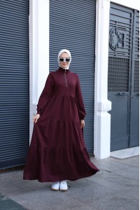 1573 Fermuar Detaylı Elbise - Bordo 